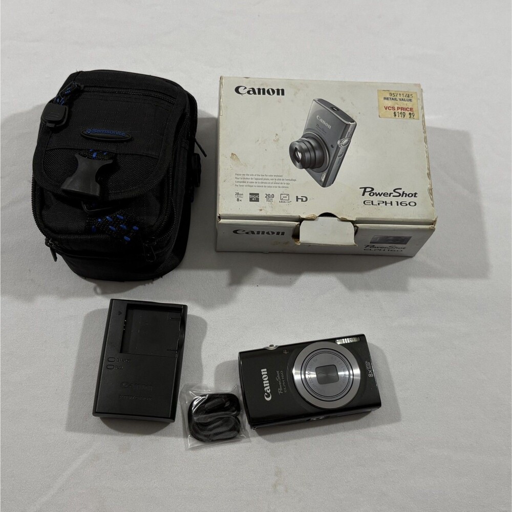Canon Powershot Elph 160 20MP Black Digital Camera Charger Battery Case Box
